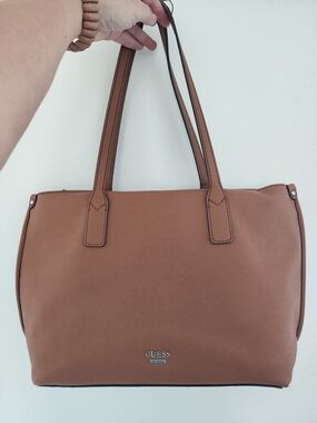 GUESS Tan Leather Tote Bag - Classic Everyday Shoulder Bag